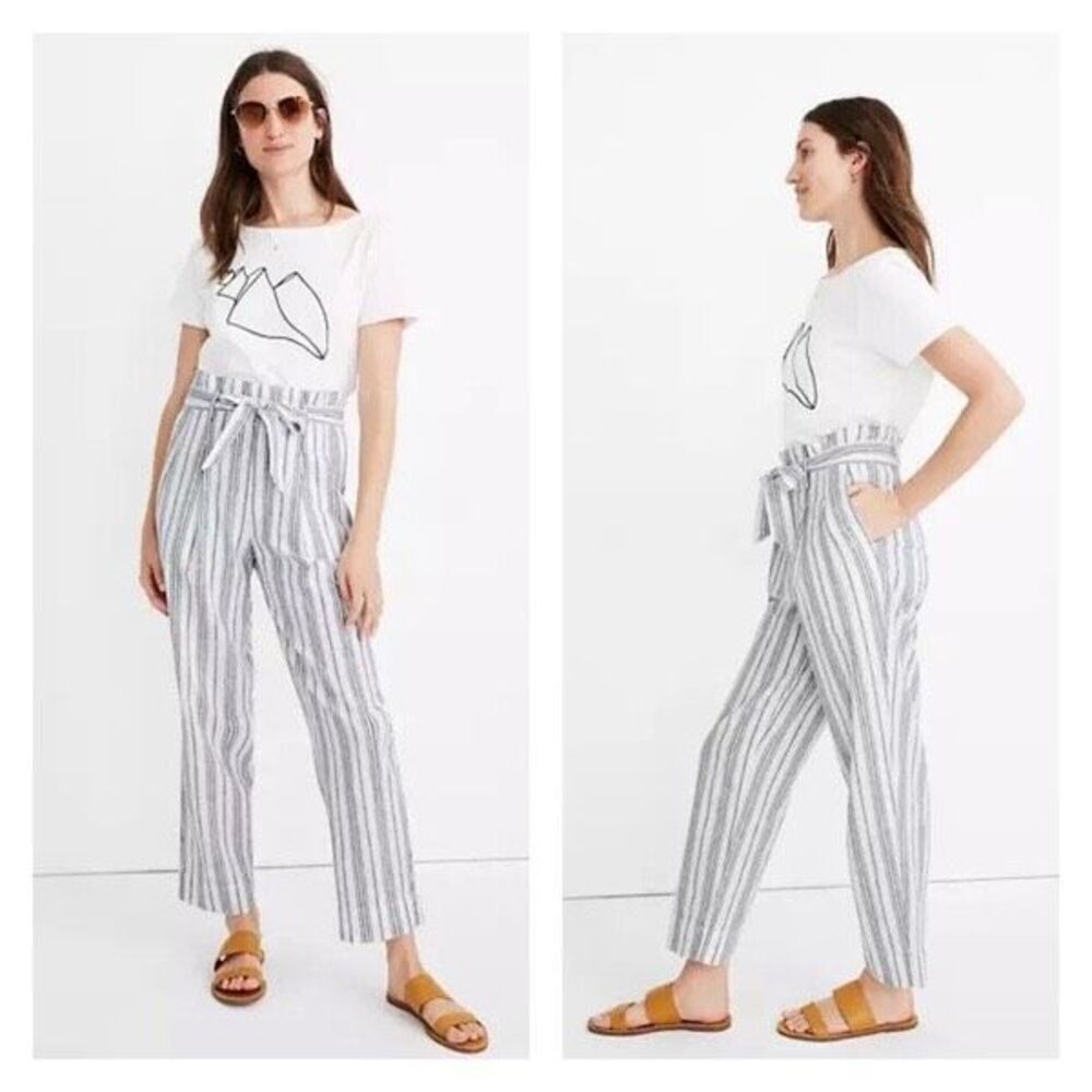 Madewell Linen-Cotton Hi Rise Pants Gray Stripe AN839 Size 14 White Paperbag